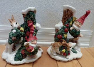 Vintage 1991 Fitz And Floyd Candle Holders Woodland Elves And Bunnies Christmas