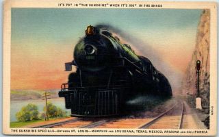 1940s Missouri Pacific Railroad Postcard " The Sunshine Specials " Train Linen