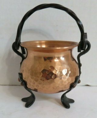 Vintage Hammered Copper Footed Cauldron Kettle Pot Wrought Iron Handle Germany