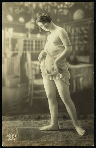 1910 French Real Photo Postcard Nude Girl Posing Lingerie Beauty