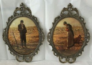 Vtg Large Oval Brass Convex Glass Picture Set The Angelus Filigree Frame Praying 2