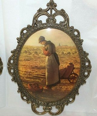 Vtg Large Oval Brass Convex Glass Picture Set The Angelus Filigree Frame Praying 3