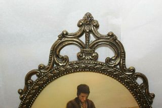 Vtg Large Oval Brass Convex Glass Picture Set The Angelus Filigree Frame Praying 5