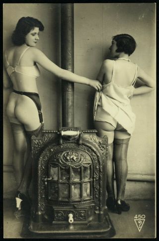 1920 French Photo Postcard Nude Lesbian Girls Romance Lingerie Biederer
