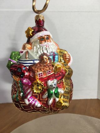 Christopher Radko 5 1/2” Vintage Santa Christmas Ornament With List Sack Of Toys