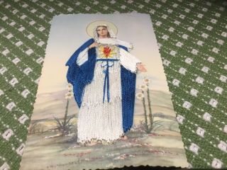 Vintage Embroidered Silk Card Of The Immaculate Heart Of Mary.  Made In Spain