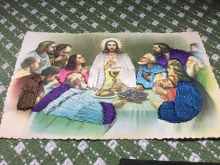 Vintage Embroidered Silk Card Of The Last Supper Made In Spain