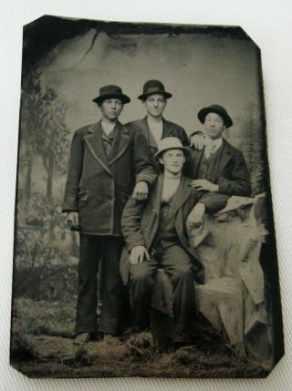 Antique Tintype Photo Of 4 Handsome Dapper Young Men Cool Dudes Wearing Hats