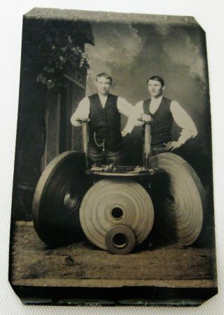 Antique Occupational Tintype Photo Of 2 Men With Large Wheels & Tools On A Tray