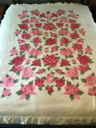 Vintage Fieldcrest St.  Marys All Pure Wool Blanket Pink Floral Satin Edges 71x86