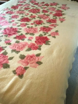 Vintage Fieldcrest St.  Marys All Pure Wool Blanket Pink Floral Satin Edges 71x86 3