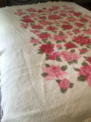 Vintage Fieldcrest St.  Marys All Pure Wool Blanket Pink Floral Satin Edges 71x86 4