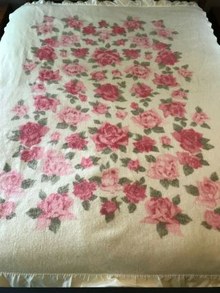 Vintage Fieldcrest St.  Marys All Pure Wool Blanket Pink Floral Satin Edges 71x86 7