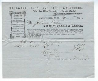 1853 Billhead,  Hardware,  Iron,  Steel Warehouse,  Manchester,  Nh (scales,  Saws Etc