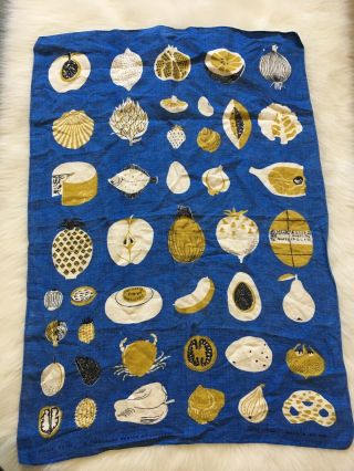 Vintage Lucienne Day Good Food Linen Tea Towel Made In Ireland Rare Htf