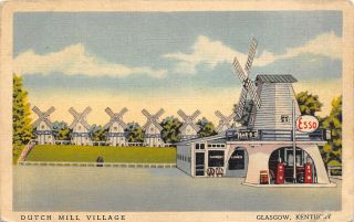 Glasgow Kentucky 1940s Postcard Dutch Mill Village Cafe Esso Gas Station