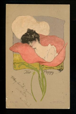 Artist Signed John C.  Clay Vintage Postcard 1907 " The Poppy " Woman In Flower