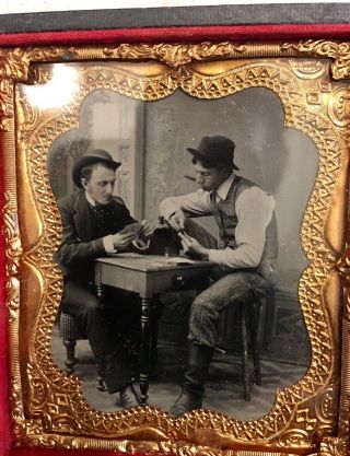 Tintype Photographed Of Two Men Card Playing Cowboy Boots Cigar