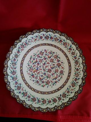 Rare Vintage Enamel Copper Wall Plate Hand Painted Birds And Flowers Theme
