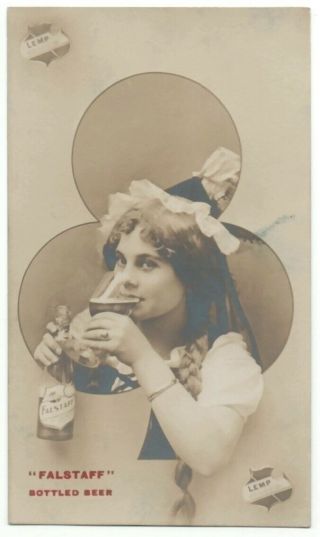 1910 Real Photo Pretty Girl Holds Lemp Falstaff Beer Bottle St Louis Missouri