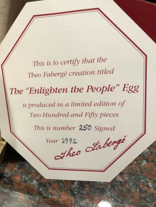 1992 Enlighten the People Egg By Theo Faberge Number 250 of 250 Created 7