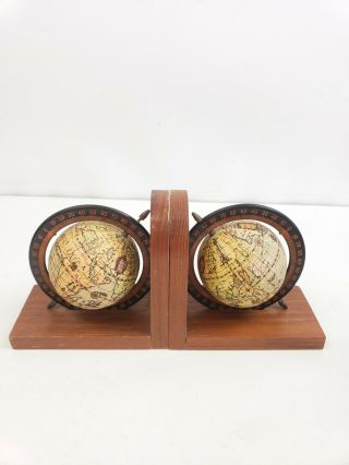 Vintage Old World Globe Bookends Wooden Base Set Pair