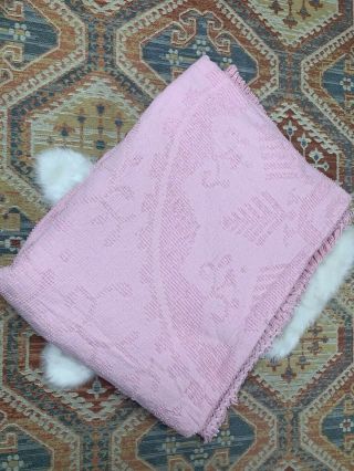 Vintage Pink Chenille Bedspread King 92x112 Blanket Mid Century Teepee Native