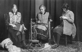 Shetland Scotland " Carding Spinning Knitting Wool " Real Photo Postcard