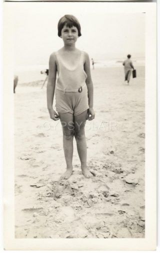 1940s Vintage B&w Photo Cute Short Hair Girl In Baggy Cotton Swimsuit At Beach