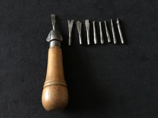 Vintage Wood Handle Tool Holder Multi Tool Screwdriver With 9 Bits