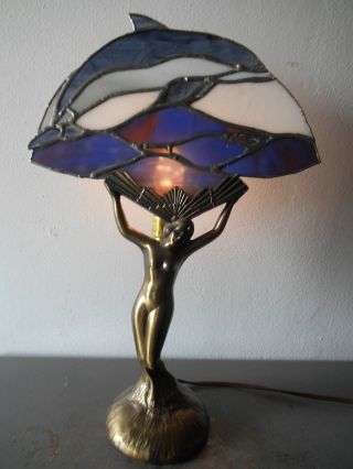Nude Nymph Art Deco Metal Table Accent Lamp W Leaded Glass Dolphin Shade Insert