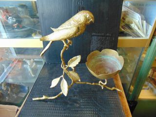 Vintage Solid Brass Parrot Perched On Branch Statue W/brass Bowl