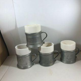 Vintage Wilton Rwp Armetale 4 Piece Set Of Pewter Coffee Mugs Ceramic Inserts