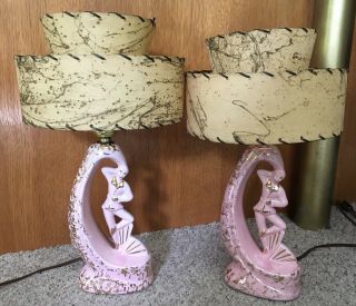 Vtg Mid - Century Pink Ceramic Boudoir Lamps With Shades