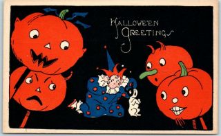 1910s Gibson Halloween Greetings Postcard Girl / Clown Costume Dog Jols