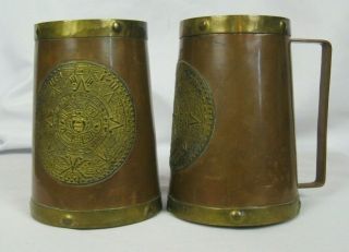 2 Vintage Copper Brass Mug Steins Handmade Mexico Patina Aztec Calendar Sun God