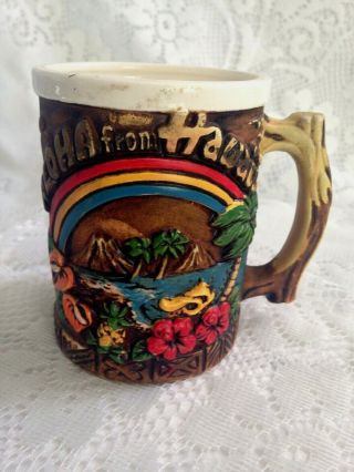 Vintage Aloha From Hawaii Faux Wood Tiki Coffee Cup Mug Volcano,
