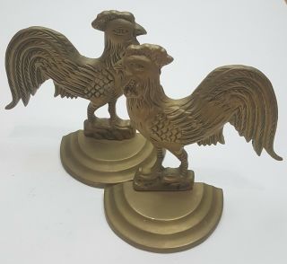 Set Of Two Brass Roosters Statues Bookends