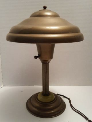 Vtg Army Brown Mid Century Metal Industrial Flying Saucer Ufo Desk Table Lamp