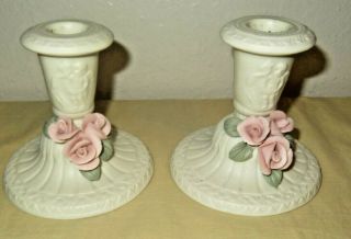 Set Of Two Ivory Bisque Vintage Candleholders Candlestick Rose Porcelain Pink