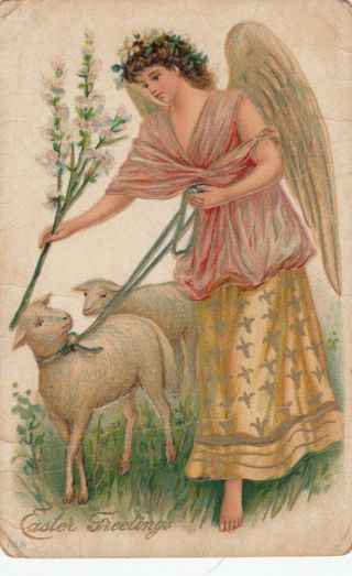 Easter Greeting,  Angel With Sheep,  Pink Flowers,  Gold Detail,  00 - 10s
