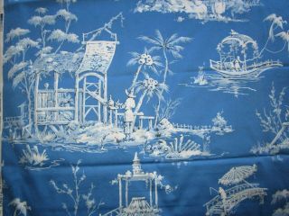 2 Yds.  Thibaut Meridian Blue Chinoiserie Print Decorator Cotton Fabric 54 " Wide