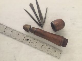 Vintage Wood Handle Tool Holder Multi Tool Screwdriver With 4 Bits