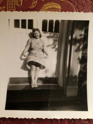 Vtg Photo Cute Pretty Woman Posing With The Wind Blowing Upskirt Wwii Era 1940s