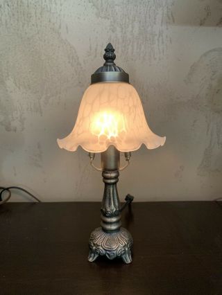 Small Victorian Style Table Accent Lamp W/ Frosted White Glass Bell Shade