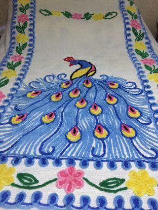 Vintage Peacock Chenille Bedspread Blue 93x98 Yellow Pink Floral