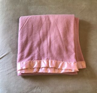 Vintage Faribo Blanket Pink W Pink Satin Binding 93 X 98 Acrylic Cotton Made Usa
