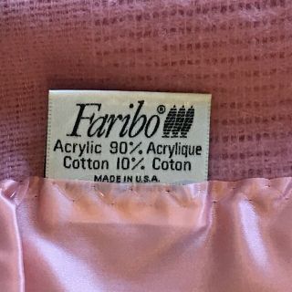 Vintage Faribo Blanket Pink w Pink Satin Binding 93 x 98 Acrylic Cotton Made USA 2