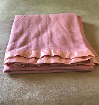 Vintage Faribo Blanket Pink w Pink Satin Binding 93 x 98 Acrylic Cotton Made USA 8