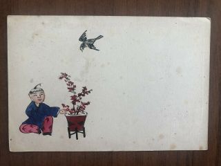 China Old Postcard Hand Painted Chinese Boy Flower Bird Tientsin 1908